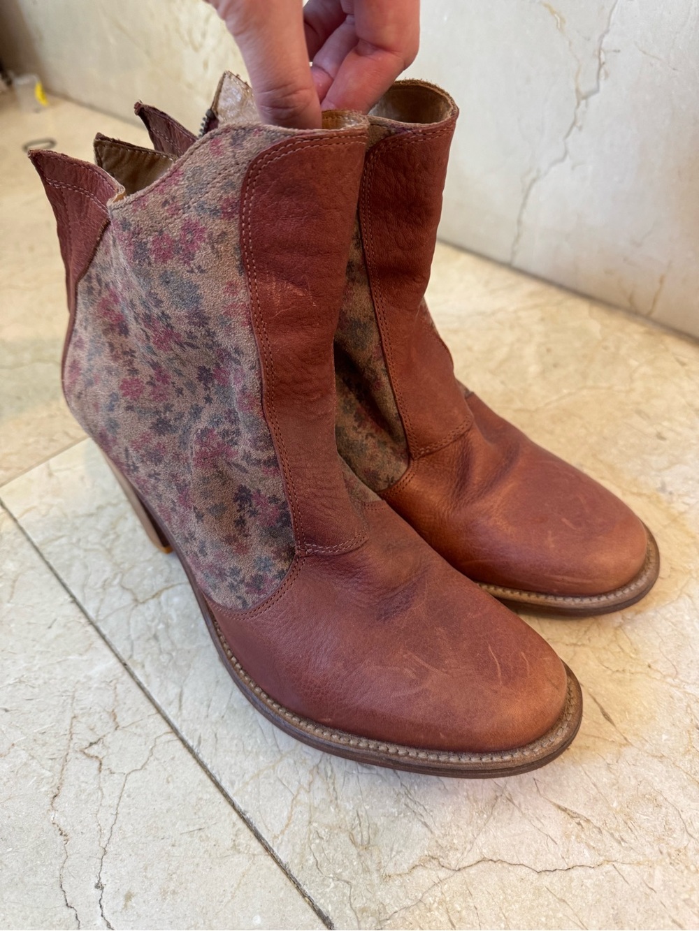Women's Floral Panel Tan Leather Ankle Boots